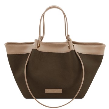 Shopper van glad leer en kalfs suede lichttaupe