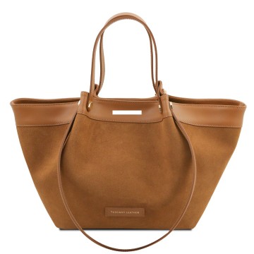 Shopper van glad leer en kalfs suede plek van de gravure