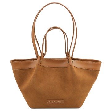Shopper van glad leer en kalfs suede voorkant