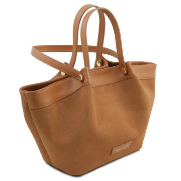 Shopper van glad leer en kalfs suede zijkant