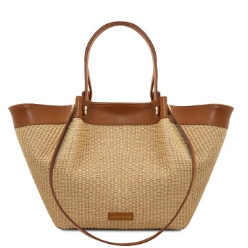 Shopper van raffia en leer   soleil cognac