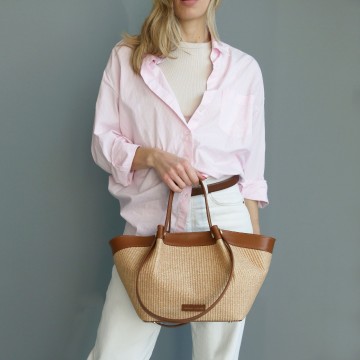 Shopper van raffia en leer   soleil cognac1