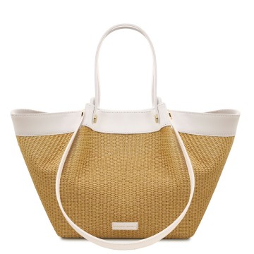 Shopper van raffia en leer   soleil wit