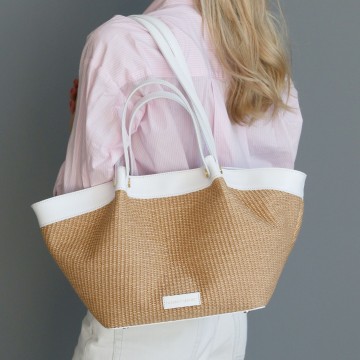 Shopper van raffia en leer   soleil wit1