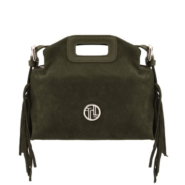 Suede lederen clutch   schoudertas met franjes   nomade bosgroen
