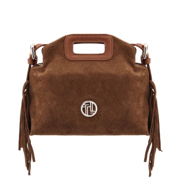 Suede lederen clutch   schoudertas met franjes   nomade cognac