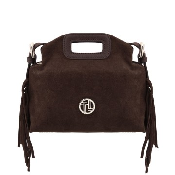 Suede lederen clutch   schoudertas met franjes   nomade donkerbruin