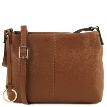 Zachte leren schoudertas voor dames cognac